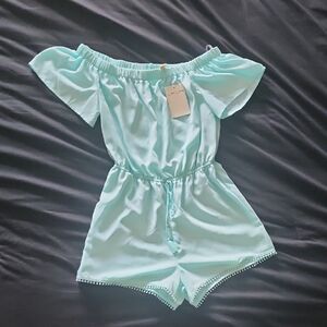 BeBop Mint Off-Shoulder Romper with Pom Trim